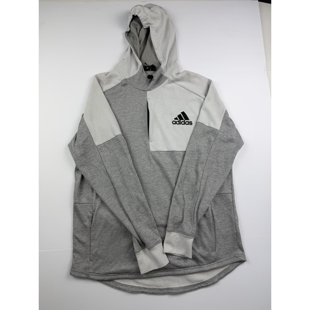 Adidas Hoodie Pullover Sweatshirt Gray White Colorblock‎ Fleece Lined Men's XL